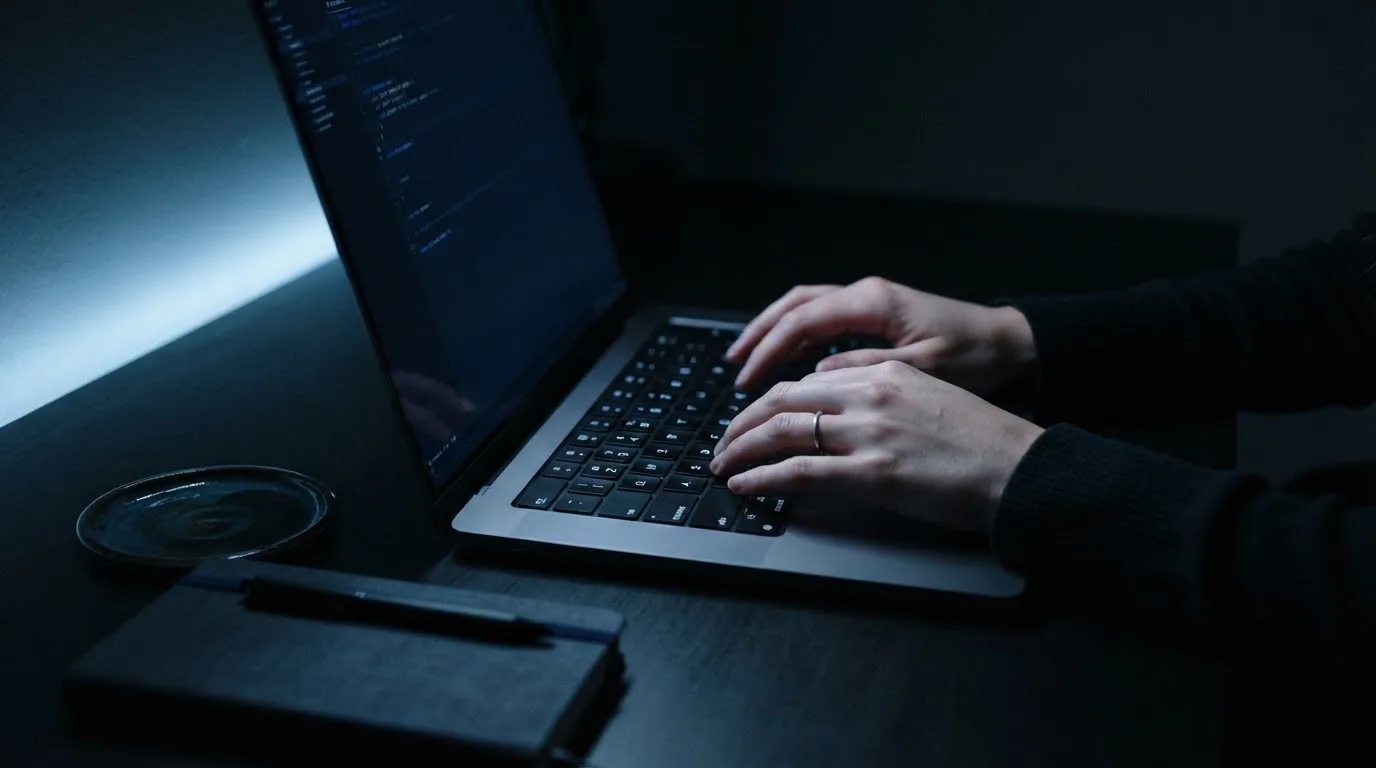 Close-up van handen die typen op een laptoptoetsenbord in een schemerig verlichte kamer met een zachte blauwe gloed op de achtergrond.