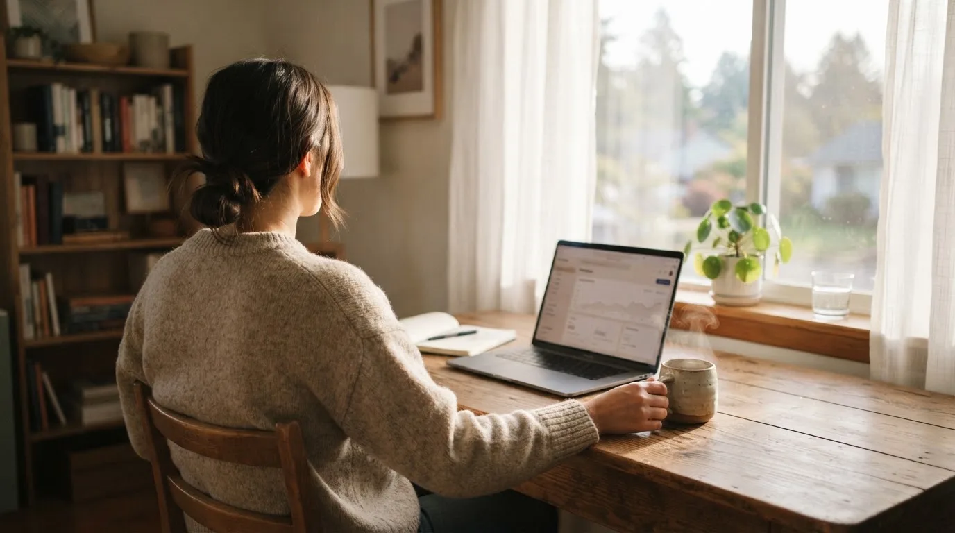 Persoon ontspant aan een houten bureau met een kopje koffie en een laptop, terwijl zacht ochtendlicht door het raam valt.