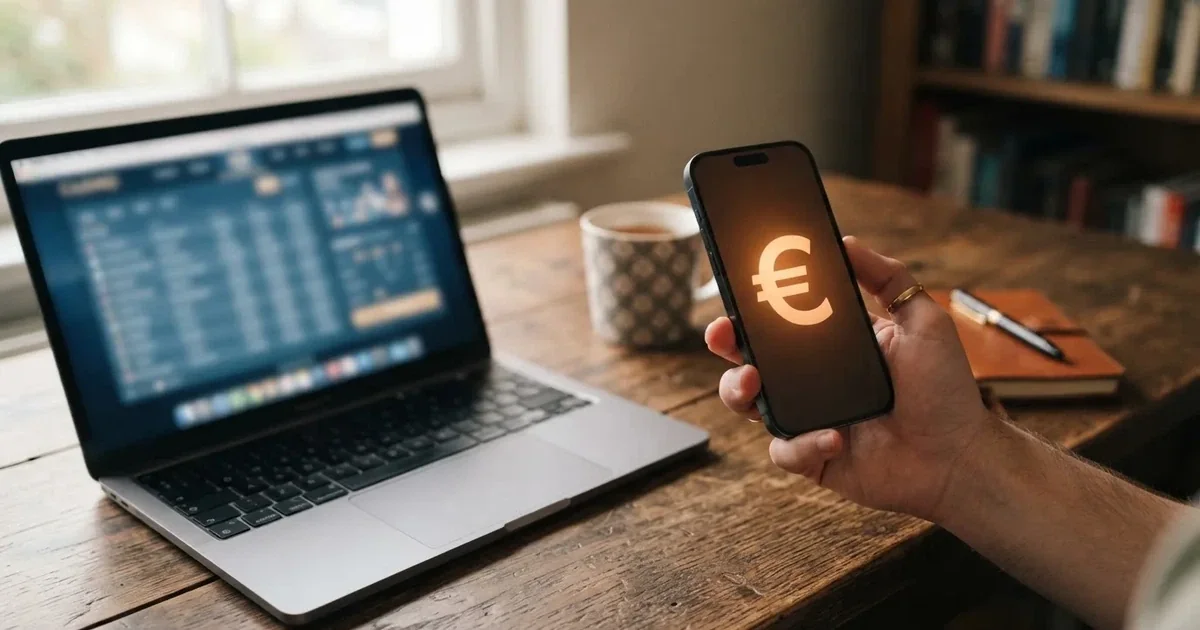 Close-up van een hand die een smartphone vasthoudt met een wazig verlichte betaalinterface, naast een geopende laptop in een rustige huiselijke werkruimte.