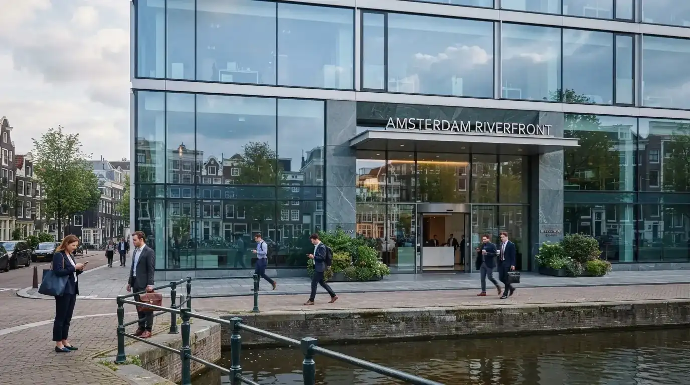 Modern kantoorgebouw met een glazen gevel onder een bewolkte Nederlandse lucht, met voorbijgangers op straatniveau.