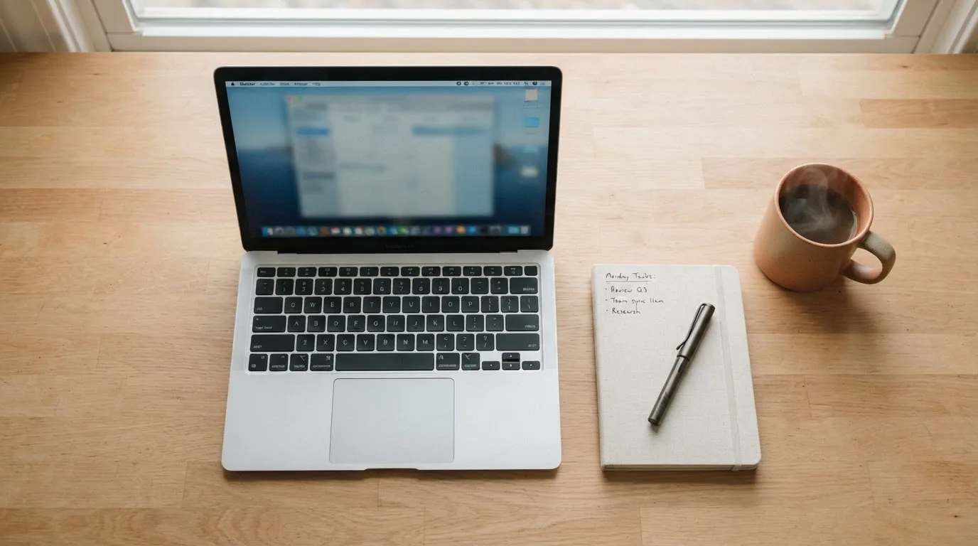 Bovenaanzicht van een bureau met een laptop, notitieblok en kopje koffie, overzichtelijk gerangschikt in zacht daglicht.