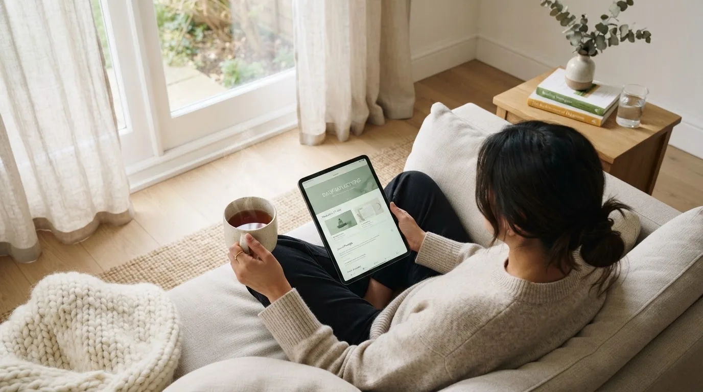 Persoon zit ontspannen in een lichte woonkamer met een tablet op schoot en een kopje thee binnen handbereik.