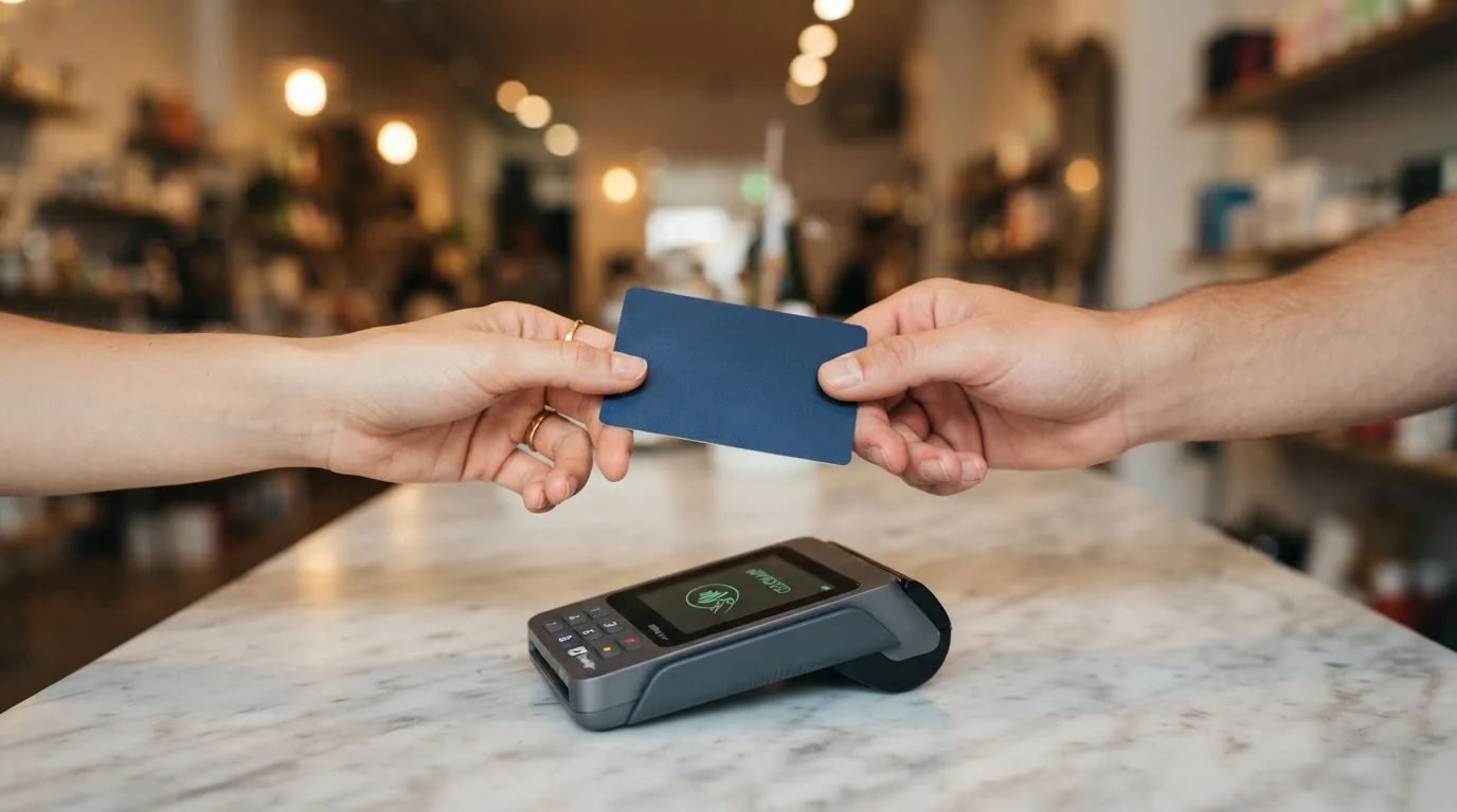 Twee handen wisselen contactloos een betaalpas uit boven een wazig verlichte betaalterminal in een moderne winkelomgeving.